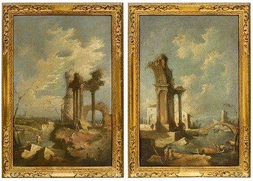 Capricci con rovine architettoniche vedute veneziane e figure